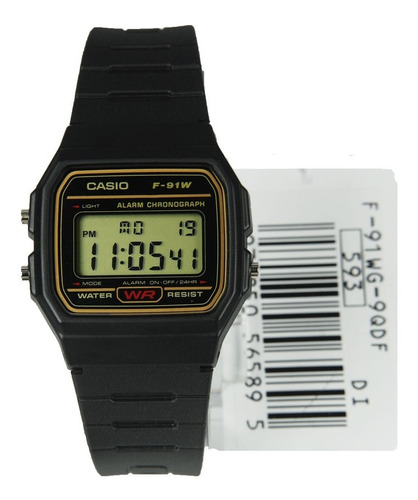 Reloj de pulsera Casio Collection F-91 de cuerpo color negro, digital, fondo dorado, con correa de resina color negro, dial negro, minutero/segundero negro, bisel color dorado y hebilla simple