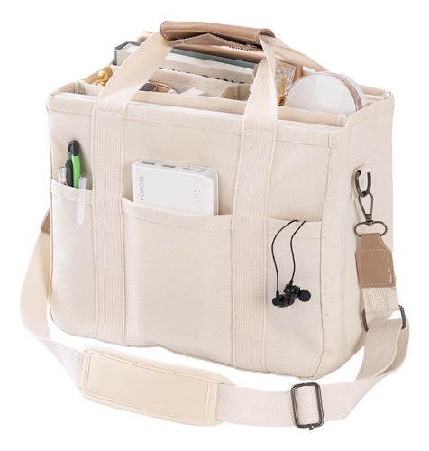 Canvas Tote Bag With Multi Pockets Crossbody Tote Bag
