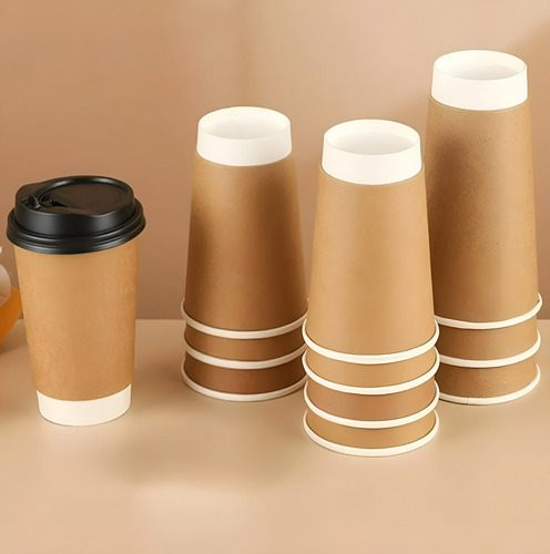 Set 100 Vasos Desechables Kraft Vaso Doble Pared C/tapa 12oz Color Marrón claro / vaso kraft doble pared 12oz