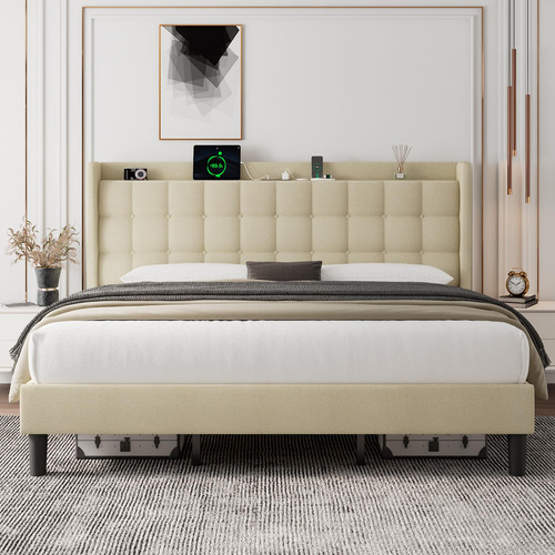 Base De Cama King Con Carga Y Almacenamiento, Beige