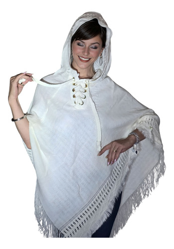 Ruana Manta Poncho Importado Calado Con Flecos Y Capucha