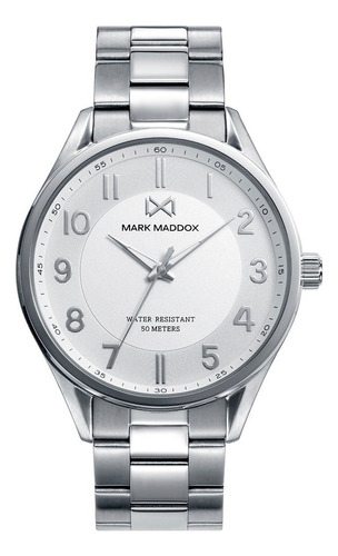 Reloj Mark Maddox Hombre De Lujo En Acero Correa Plateado Bisel Plateado Fondo Blanco