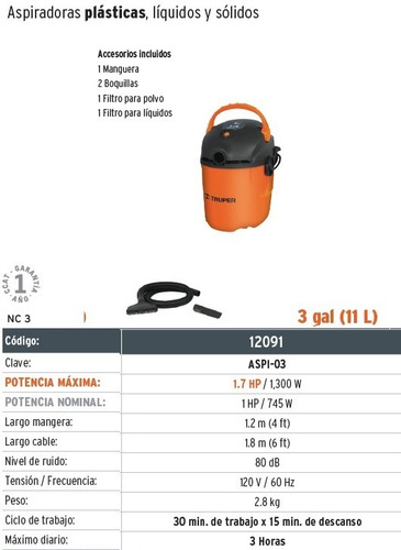 Imagen 2 de 3 de Aspiradora De Liquidos Y Solidos De 3 Galones Truper 12091 Envio Inmediato!!