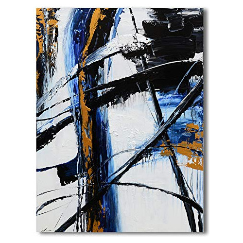 Pintura Abstracta Al Óleo Azul Y Negro, Cuadros De Lon...