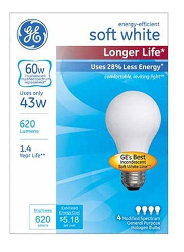 Ge Lighting A19 Incandescent Halogen Light Bulbs, 43-watt, S