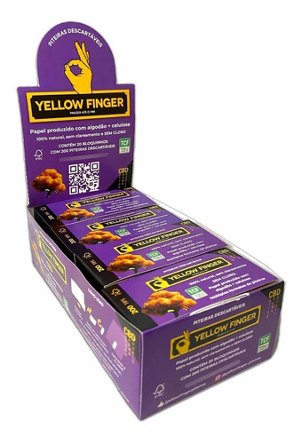Caixa Piteira Papel Yellow Finger Algodão 20 De 200 Piteiras