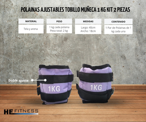 Polainas Ajustables Tobillo Muñeca 1 Kg Kit 2 Piezas Lila