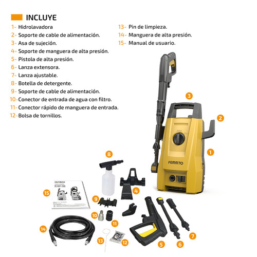 Imagen 4 de 8 de Hidrolavadora Electrica Femmto Hlt203 1400w Alta presion 1600 Psi