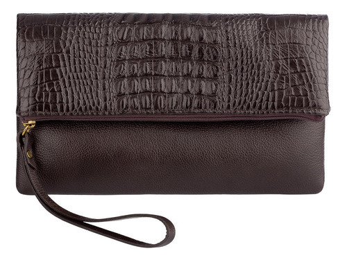 Clutch De Couro Croco Com Alça De Mão Nikki Cor Café