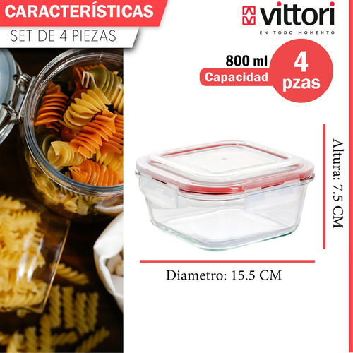 Set 4 Piezas Contenedor Hermetico Cuadrado Rojo 800 Ml