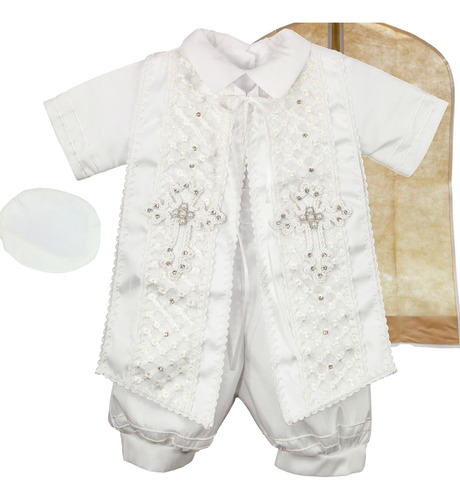 Traje Ropon Bautizo Niño + Kit Vela Traje Bautizo + Zapatos Blanco Talla 1 ( 3-12 Meses) 10