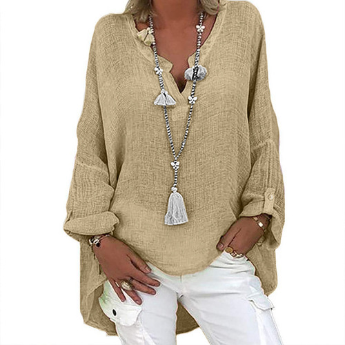 Blusa De Mujer Con Cuello En V Holgada Y Manga Larga, Talla