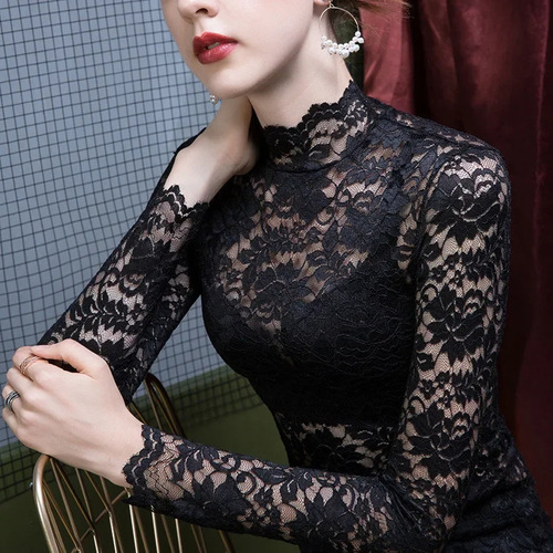 Camiseta Feminina De Renda Com Gola Alta, Manga Comprida E J