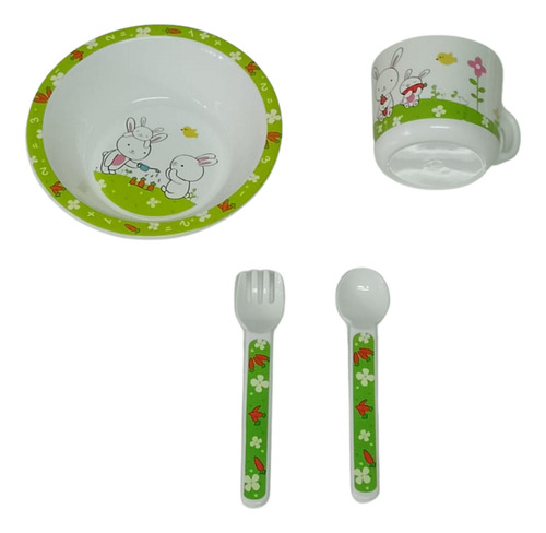 Plato Estampado Infantil Set Con Cubiertos Y Taza 9175 Loopi Color Verde