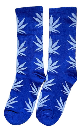 1 Par Calcetines Largos Huf Plantlife Unisex Skate Board Gym Azul Hoja Blanca Estampado Unitalla