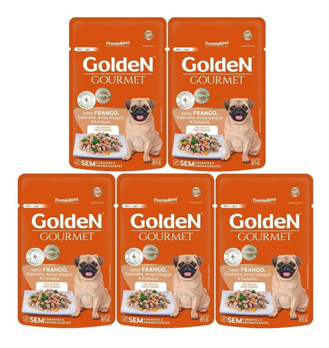 Kit 5 Unidades Sachê Golden Gourmet Frango Cães Pequenos 85g