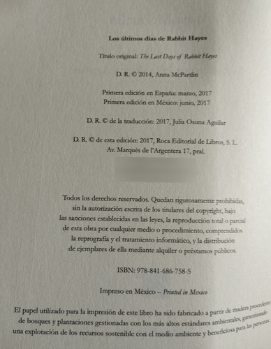 Los Últimos Días De Rabbit Hayes Anna Mcpartlin Libro P (Usado)