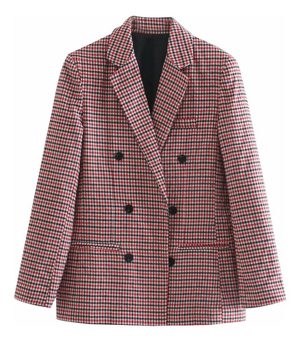 Saco Blazer A Cuadros Mujer Moda Clásico Solapa Doble Pecho