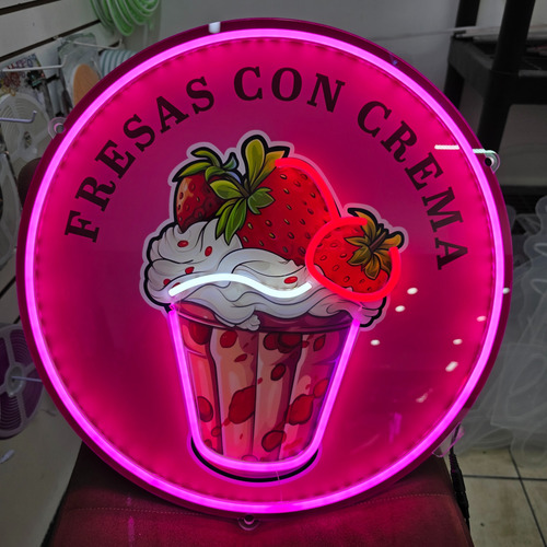 Letrero Luminoso Fresas Con Crema Imagen Uv Neon Led 50x50
