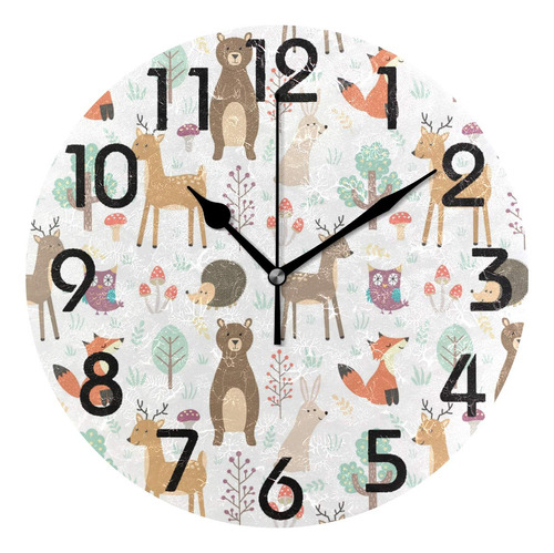 Reloj Redondo De Animales Del Bosque Decorativo Y Silencioso