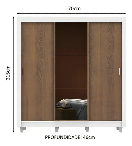 Guarda Roupa Madesa Mônaco 3 Portas Correr Espelho Com Pés Cor Branco/rustic 10939B1ECP