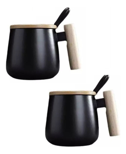 2 Tazas De Cerámica Nordicas Tapa Y Asa De Madera Clicshop