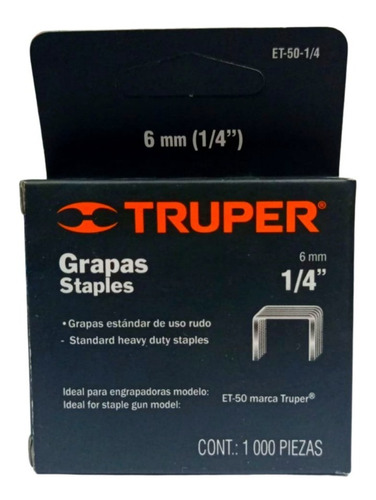 Grapas X2 1/4 Truper 6,0mm Et-50 Tapizar 1000pcs