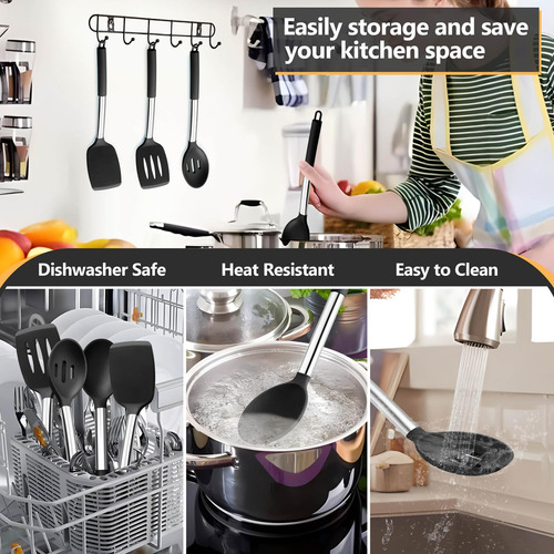 Juego De 4 Utensilios De Cocina De Silicona Negros Antiadher