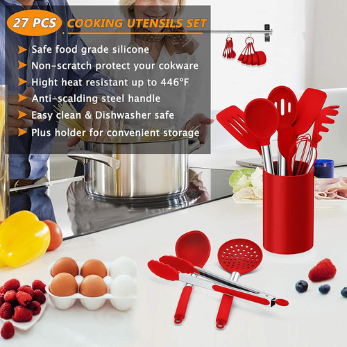 Juego 27 Utensilios Cocina Con Soporte Espátula Silicona