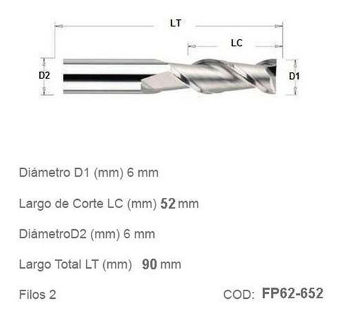 Fresa Plana Router Cnc 6mm Diámetro 52mm Corte 2 Filos