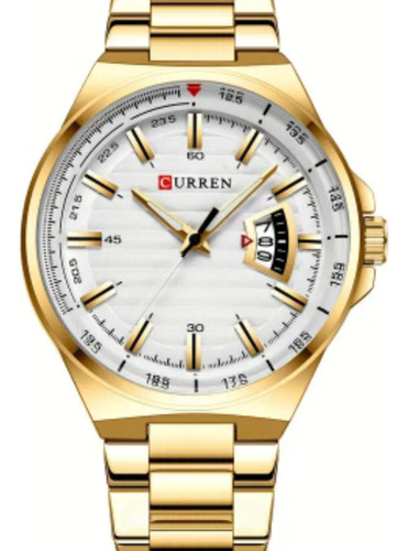 Reloj Curren 8375 Pulsera Acero Correa Dorado Bisel Dorado Fondo Blanco