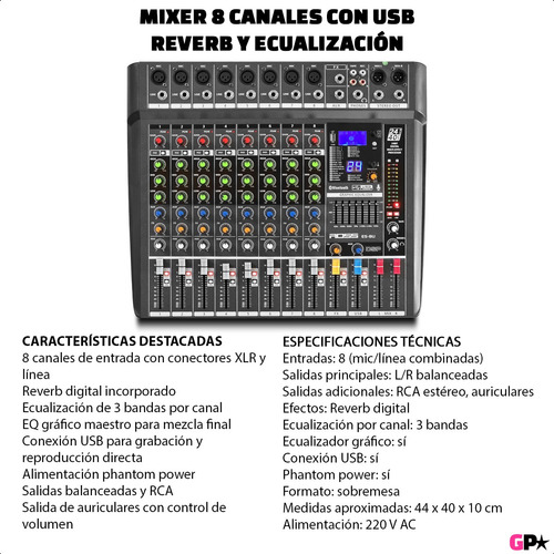 Consola Mixer Sonido 8 Canales Bluetooth Rep Usb Eq Efectos