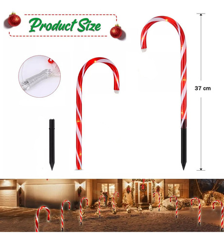 10 Bastones Navideños Luces Led Estaca Caramelo Jardín/patio
