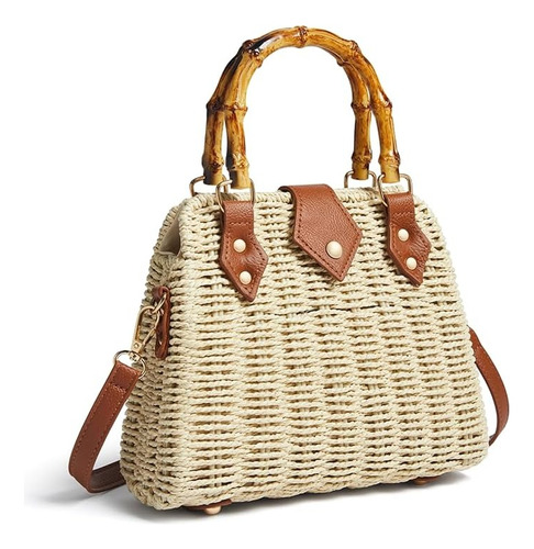 Bolso De Mano De Paja Tejida Con Asa De BambĂș, Correa Cruzad