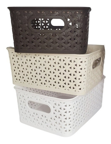 Caja Organizadora Plástica C/ Tapa Apilable Canasto Beige L