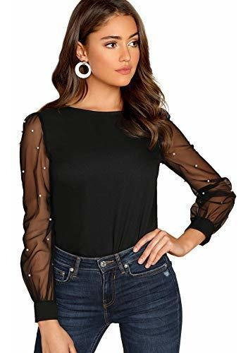 Floerns Blusa Para Mujer Con Perlas Y Abalorios De Malla Tra