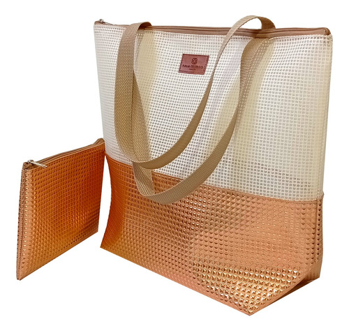 Bolsa Feminina De Praia Com Necessaire Bronze Metalico Acambamento dos ferragens Níquel Cor Laranja-escuro Cor da correia de ombro Bege Desenho do tecido Liso