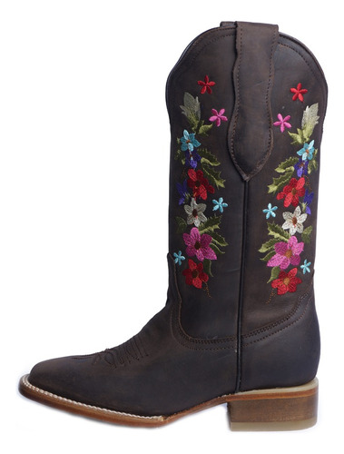 Bota Vaquera De Mujer Bull Dog Piel Original Jaar Café Flor