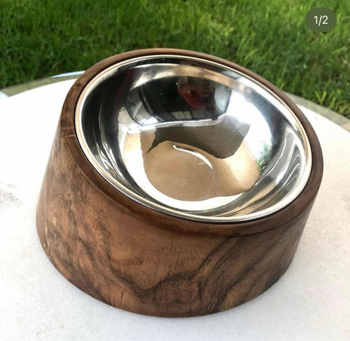 Plato Para Mascota Hecho De Madera De Tzalam Con Acero Inox