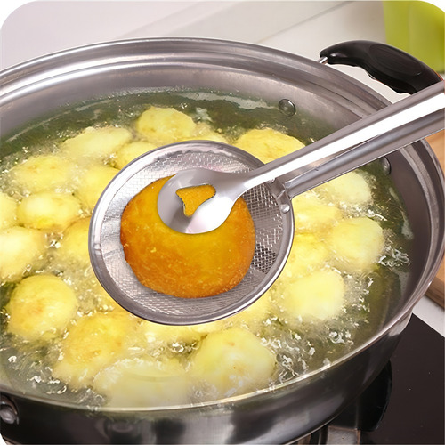 Escumadeira De Fritura Com Pegador Escorredor Para Óleo Cor Cinza