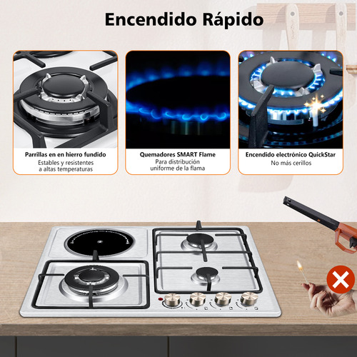 Skbe® Estufa Mixta Profesional - 3 Quemadores Gas y 1 Eléctrico con Placa Cerámica