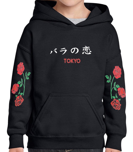 Buzo Canguro Hoodie Negro Con Rosas Tokio 3 - Unisex