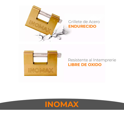Candado Blindado De Acero 70 Mm Perno Horizontal De 10 Mm, Acorazado E Inviolable, Acabado Dorado Inomax