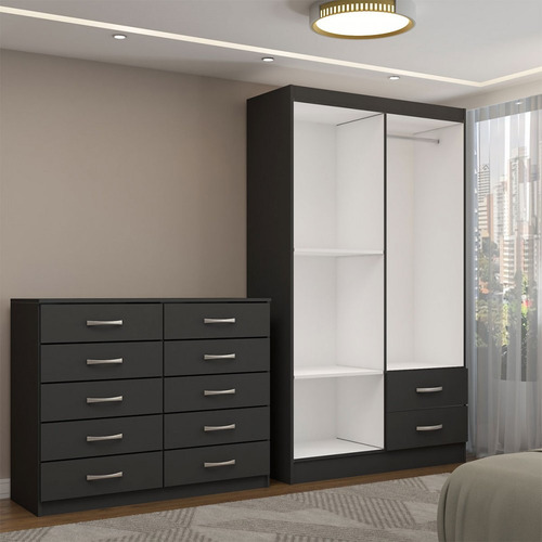 Guarda-roupa Mila 4 Portas Com Cômoda Preto