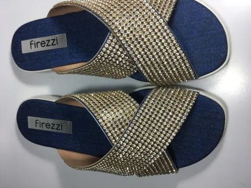 Chinelo Tamanco Firezzi Com Strass Cor Jeans Azul Macia