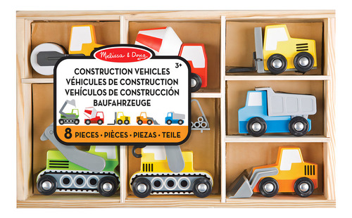 Melissa & Doug Vehículos De Construcción, Juguetes De Madera (7 Vehículos: ¡tractores, Aplanadora, Grúa, Mezclador De Cemento Y Más!)