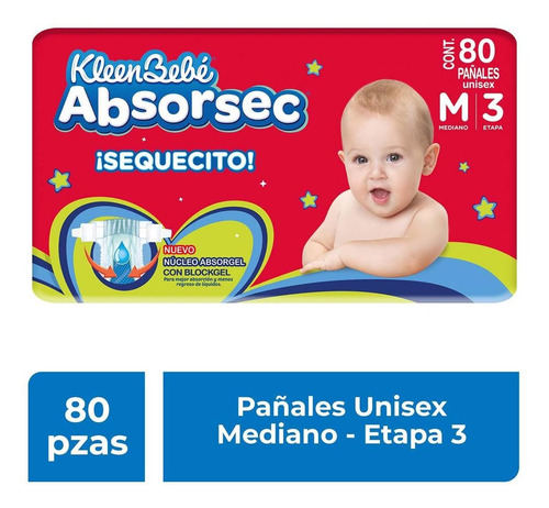 Pañales Kleenbebé Absorsec Etapa 3 Talla Mediana 80 Pañales