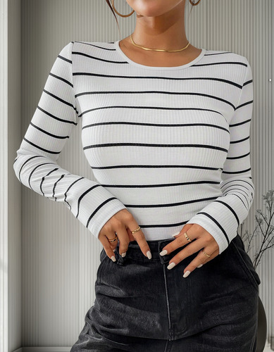 Playera Informal De Manga Larga A Rayas Cuello Redondo Moda