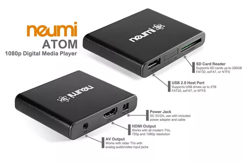 NEUMI Atom 4K Ultra-HD Reproductor multimedia digital para unidades USB y  tarjetas SD, reproduce videos 4K/UHD 60fps, HEVC/H.265, HDMI y AV  analógico, reproducción automática y capacidad de bucle : :  Electrónicos