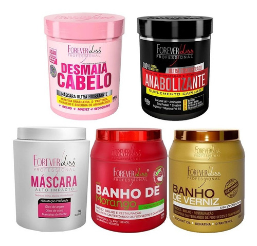 Kit Desmaia Cabelo, Alto Impacto, Anabolizante, Banho Morango E Banho De Verniz - Forever Liss 1kg